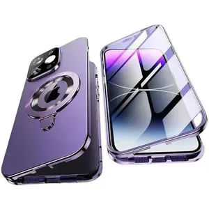 for iPhone 12/13/14/15/16 17Pro Max Magnetic Phone Case Metal Frame Full Coverage Anti-Peeping Glass with Bracket Protective Case