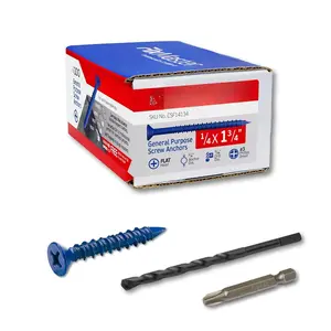 1/4 x /4" Countersunk Phillips Flat  Blue Concrete Screw Anchors (100 pcs Screw Kit) with   and Drill Bit for Concrete, Masonry, Block, Brick and  Fastening