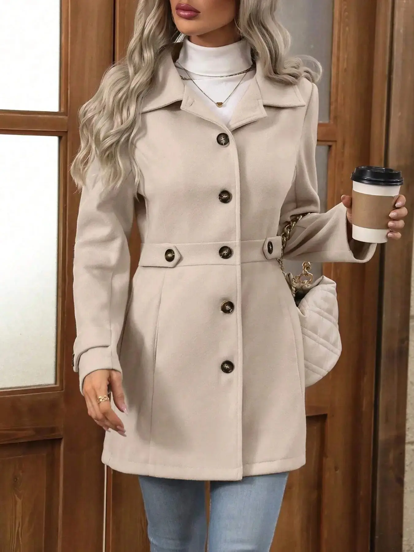 Autumn Winter Elegant Women's Coat Jackets, Single Button Design, Slim Fit, Reversible Collar, Fashion Plain Color, Medium Length Woolen Overcoat