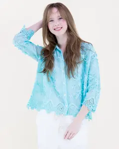 Floral Appliqué Lace-Hem Embroidered Mineral Wash Women’s Shirt – Elegant Button-Up Blouse