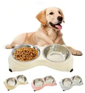 Stainless Steel Dog Bowls Set, Double Food & Water Bowls for Dogs, Dual Dog Food Bowl with 2 Small (18oz*2) Bowl, Non-Slip Pet Bowls Suitable for Puppies, Small and medium Dogs (White)