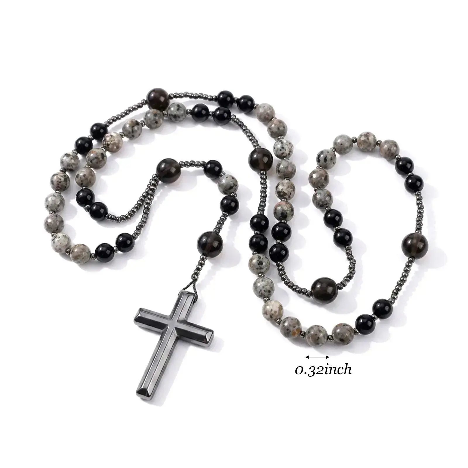 Natural obsidian Yooperlite rosary necklace, glows brightly under UV light; an elegant, protective, versatile premium fire stone cross pendant necklace—simple yet stylish, unisex design, a perfect gift choice for couples and loved ones.