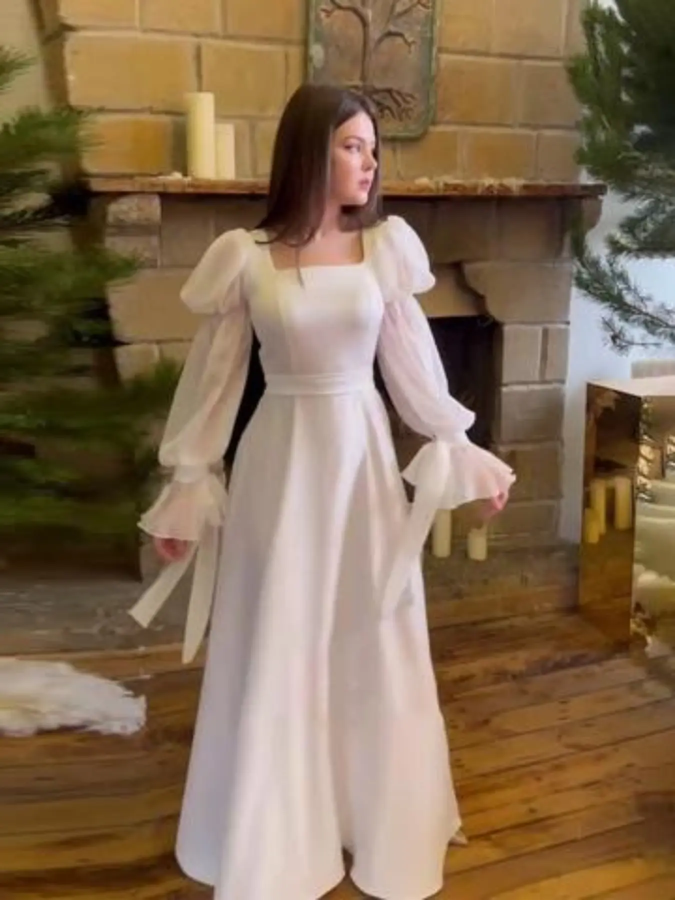 Elegant Women's Evening Dress Formal with Square Neck, Waist Belt, Flared Sleeves, Fitted Party Gown for All Seasons, Plain Style, Womenswear