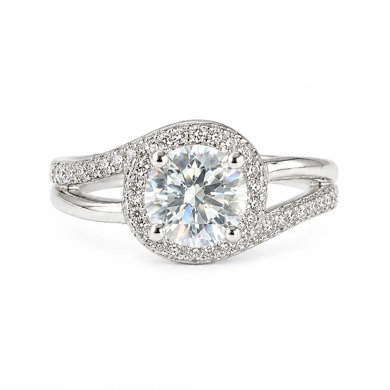 Women's Luxury Round Cut Moissanite Ring - Stainless Steel Twisted Double Band, Bridal Statement Halo Fashion Engagement Ring, Wedding Jewelry Gift, Bridal Rings