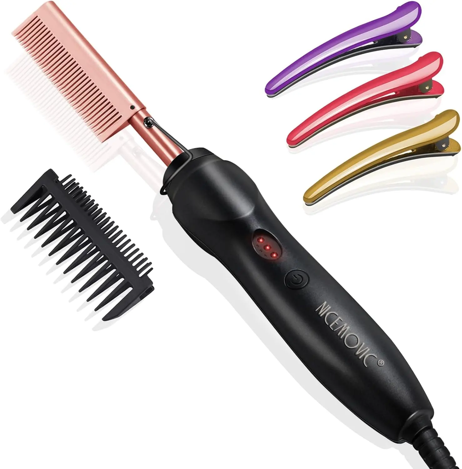 NICEMOVIC Ceramic Heating Hair Straightener Comb - Hot Pressing Brush for Natural Black Hair, Beard Wigs, and Curling (Rose Gold)