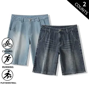 2-Pack Men’s Washed Denim Bermuda Shorts, Mid-Rise Button & Zipper, Loose Fit, 5" Knee Length Jeans Shorts for Basketball, Running, Everyday Casual Wear, Streetwear