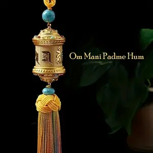 Buddhist Prayer Wheel Car Pendant, Tibetan-Style Rearview Mirror Hanging Ornament, Gold Cylindrical Shape Spiritual Decor, Car Accessories for Women, Driver Protection Accessory, Car Trinkets, Accessories For Car