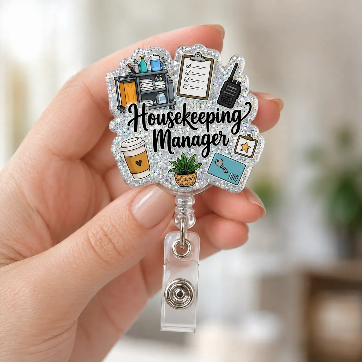 Housekeeping Manager Badge Reel, Glitter Retractable ID Badge Holder, Cute Acrylic Badge Clip for Hotel Housekeeping, EVS & Hospitality Staff