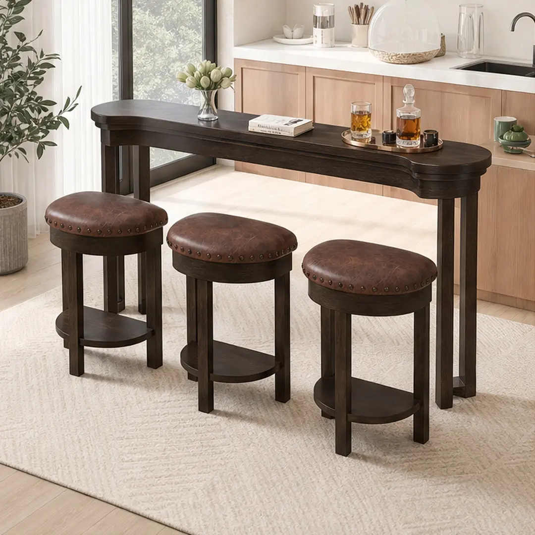 ARCH 4 Piece Bar Table Set with 3 PU Upholstered Bar Stools, Solid Wood Counter Height Dining Table Set for Kitchen Living Room, Espresso/Cherry/Natural Options, Breakfast Nook Furniture, Cherry/Espresso/Natural Color Options, Solid Wood+MDF Material