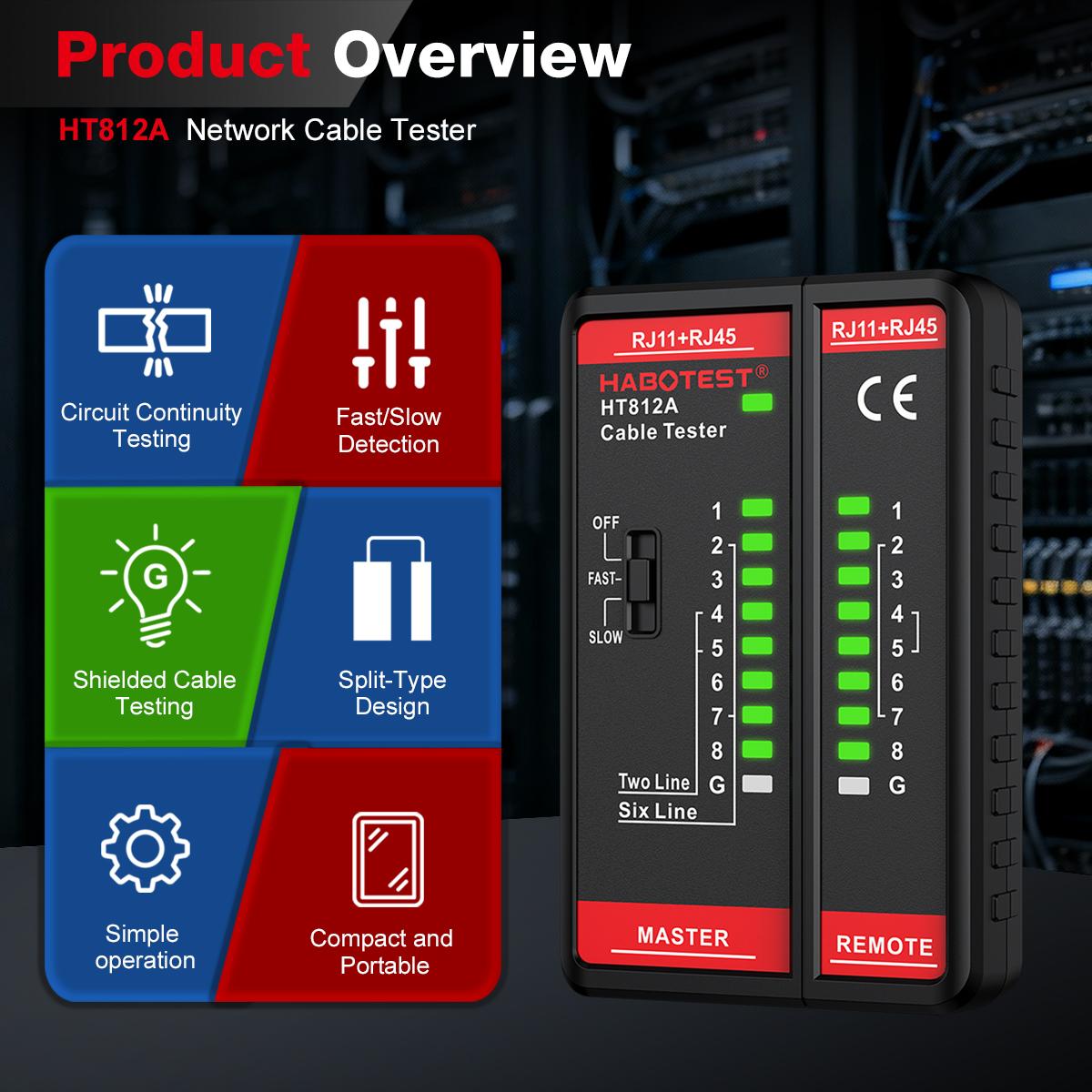 HABOTEST HT812A Multi-Function Network Cable Tester RJ11/RJ45 Dual-Use Type LED Display NC/HDMI Repair Low-Power Portable