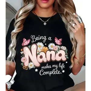 Women's "Being a Nana" Floral & Butterfly Print T-Shirt - Grandma Gift, Comfort Fit Round Neck Short Sleeve Blouse for Spring Summer Casual Wear, Machine Washable - Top for Nana,Mother's Day, Family Time, Gift for Grandma, Everyday Wear