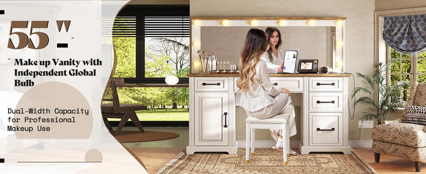 AMERLIFE 55.1" W Makeup Vanity with Hollywood Mirror, Glass Top Vanity with 5 Drawers & Adjustable Cabinet & Charging Station, 10 Detachable Light Bulbs, Bedroom/Salons/Best Gift Ideas/Christmas Gifts