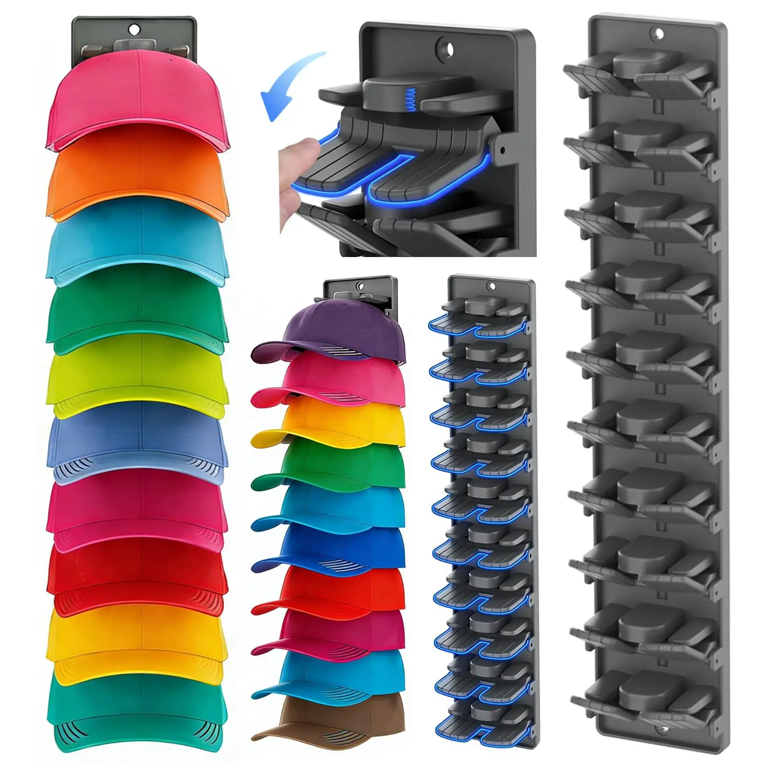 Hat Organizer for Baseball Caps 2 Packs with Built-in Spring Clips - Wall Mount Closet Hat Rack Holder,Storage for Door/Closet Display Hat Racks Hanger (Strong Adhesive & Screws)
