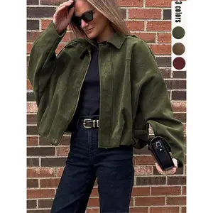 Ladies' retro suede jacket, bomber jacket, brand new regular style artificial leather long-sleeved single-breasted loose and casual short coat, with pockets and metal buttons, suitable for windproof jackets when going out in autumn and winter