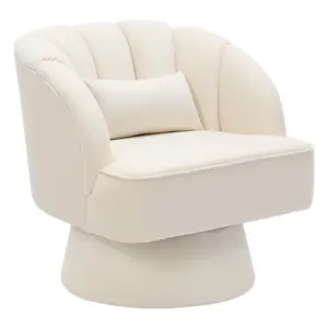 Modern Swivel Barrel Accent Chair - 360° Rotating Upholstered Lounge Armchair with Striped Backrest, Cozy Cushion & Pillow - Cozy Mid Century Chair for Living Room or Bedroom - Beige Multiple Colors
