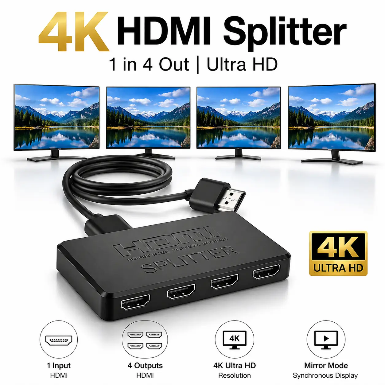 HDMI Splitter for Dual Monitors 4K 2K -compatible  1 in 4 out 4x1 HDTV Switch -compatible Adapter HD Video Switcher for Xbox PS4 DVD PC Laptop