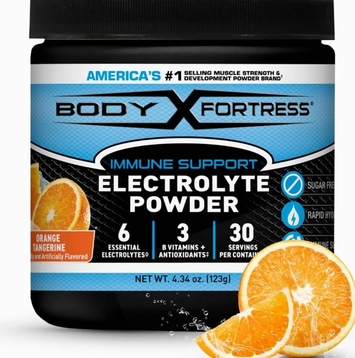 Body Fortress Electrolyte Powder Orange Tangerine - Rapid Hydration Drink Mix with 6 Essential Electrolytes & 3 B Vitamins - Sugar Free, Keto Friendly, No Color Added, Clear Hydration - 30 Servings