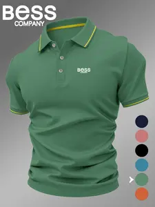 Lb4789 Fashion Bess Logo Print Men's Polo Shirt, Elastic Casual Breathable Four-Season Comfortable Durable High-End Polo