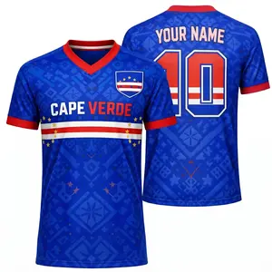 Personalized Cape Verde Team Vintage Graphic Tee, Custom Name Number Quick Dry Sports Jersey, Blue Sharks CPV Flag Shield 10 Gold Stars, Retro Football V-Neck Shirt Streetwear, Fans Gift Geometric Pattern Apparel