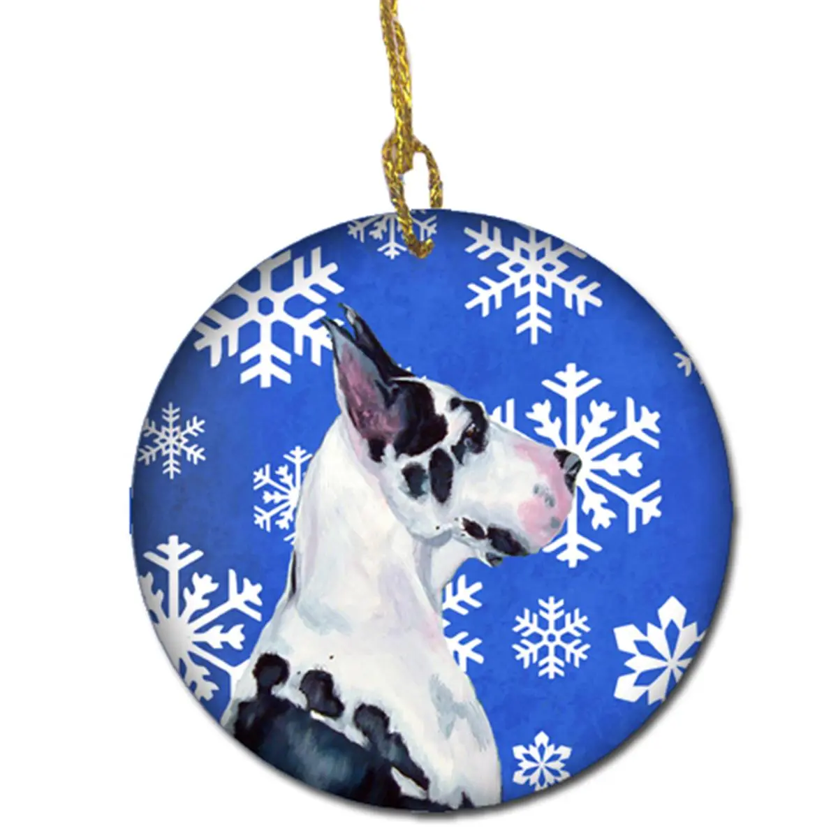 Small Round Christmas Great Dane Winter Snowflake Porcelain Ornament - Paintable Festive Decoration with Hanging Loop, Home Supplies Gift