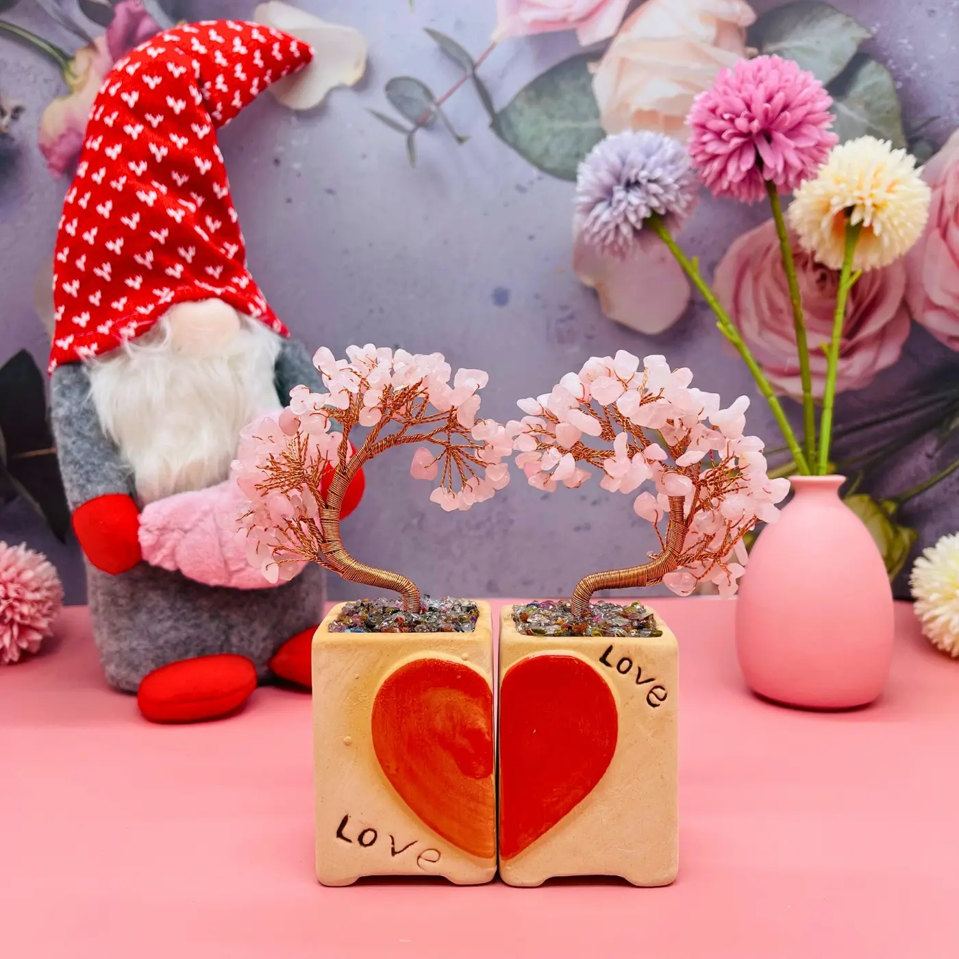 [Magic Crystal] 2pcs Handcrafted Natural Crystal Love Trees - Heart-Shaped Flowerpots with "LOVE" Inscription, Ideal Gift for Couples - Aquamarine & Rose Quartz, Perfect for Home & Office Decor, Holiday Celebrations