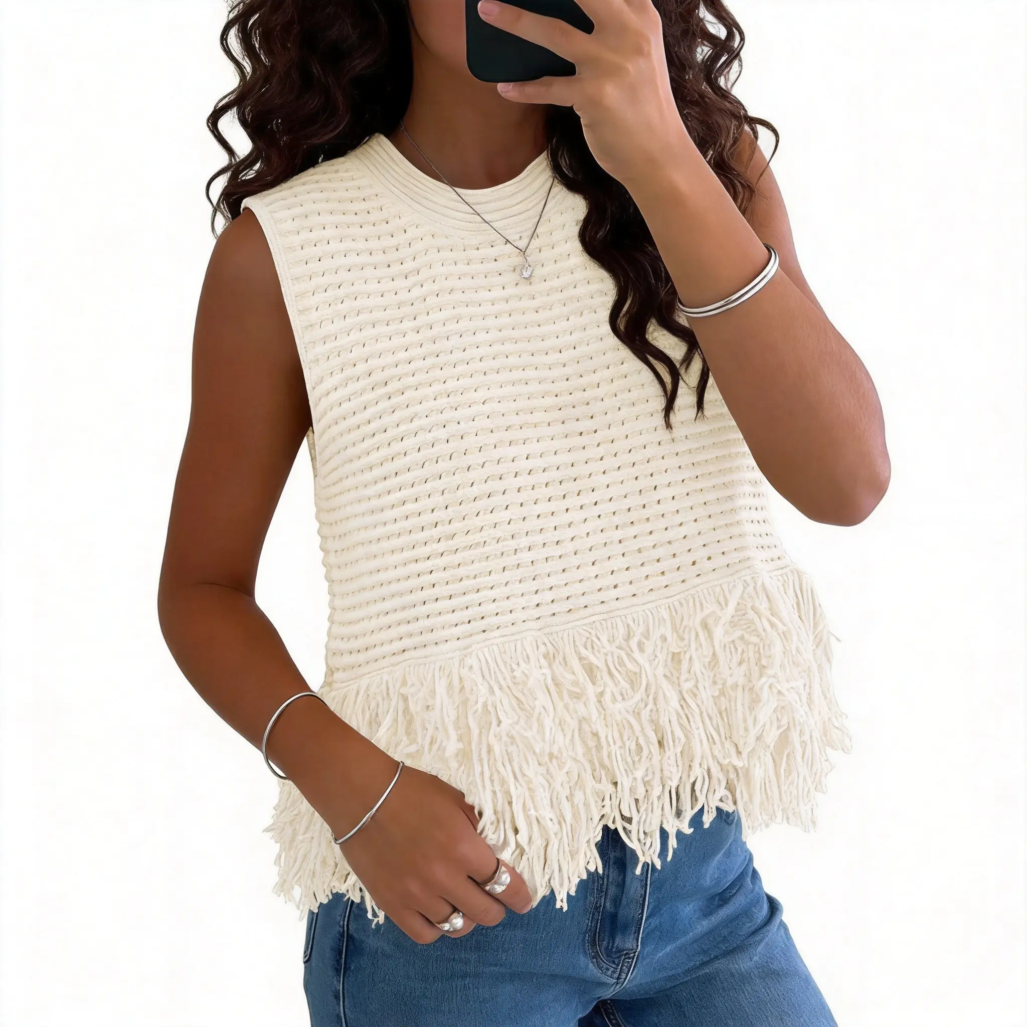 Women's Glowy Crochet Crop Tank Top - Sleeveless, Fringe Round Neck, Boho Knit, Casual Lady Summer Beach Vest