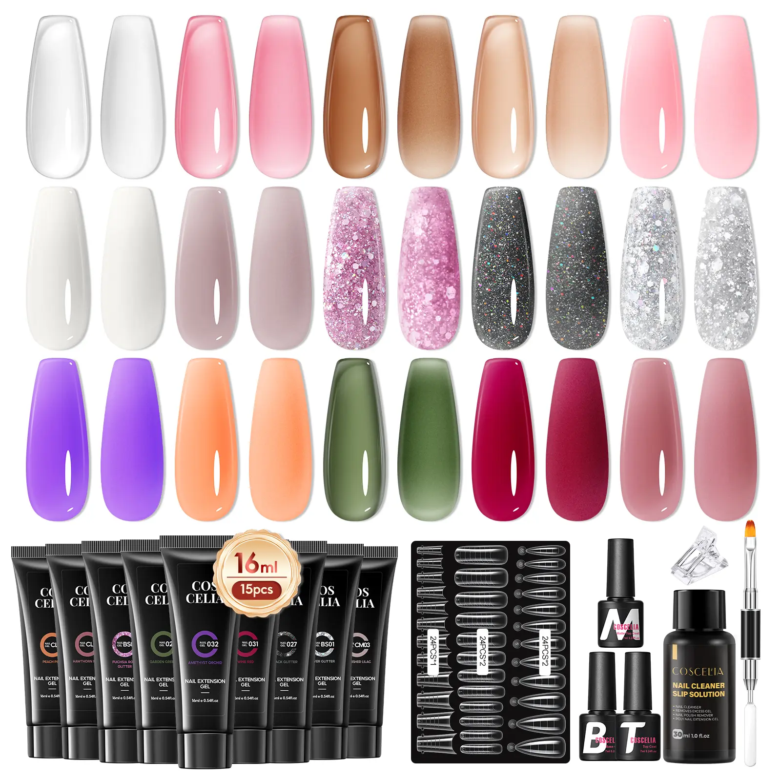 COSCELIA Rich Colors Poly Extension Nail Gel Set With Base Coat Glossy and Matte Top Coat Slip Solution Manicure Tools For Beginners at Home Poly Nail Gel Summer Vacation Gift for Women