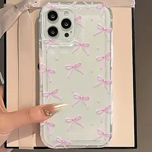 Transparent Pink Heart And Bow Design TPU Case for Full Protection, Suitable for iPhone 17 16 15 14 Pro Max 13 12 11 Air X XS Plus ,holiday gifts, birthdays, girlfriends, boyfriends, friends or yourself
