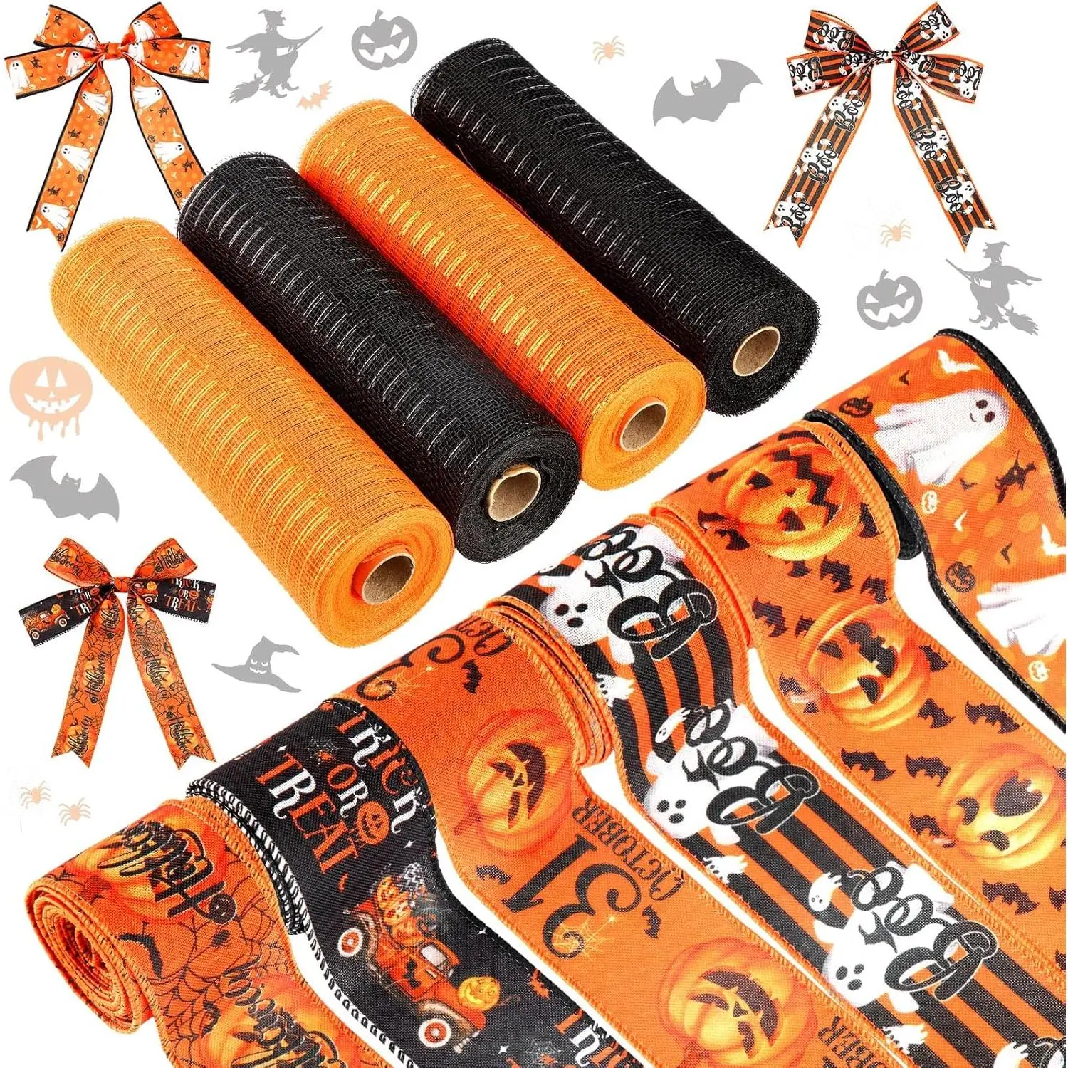 10 Pcs Halloween Ribbon 4 Rolls Mesh Ribbon and 6 Rolls Ghost Pumpkin Burlap Wired Edge Wreath Metallic Wreath Wrapping Crafts for Halloween Home Party Decorative DIY Craft