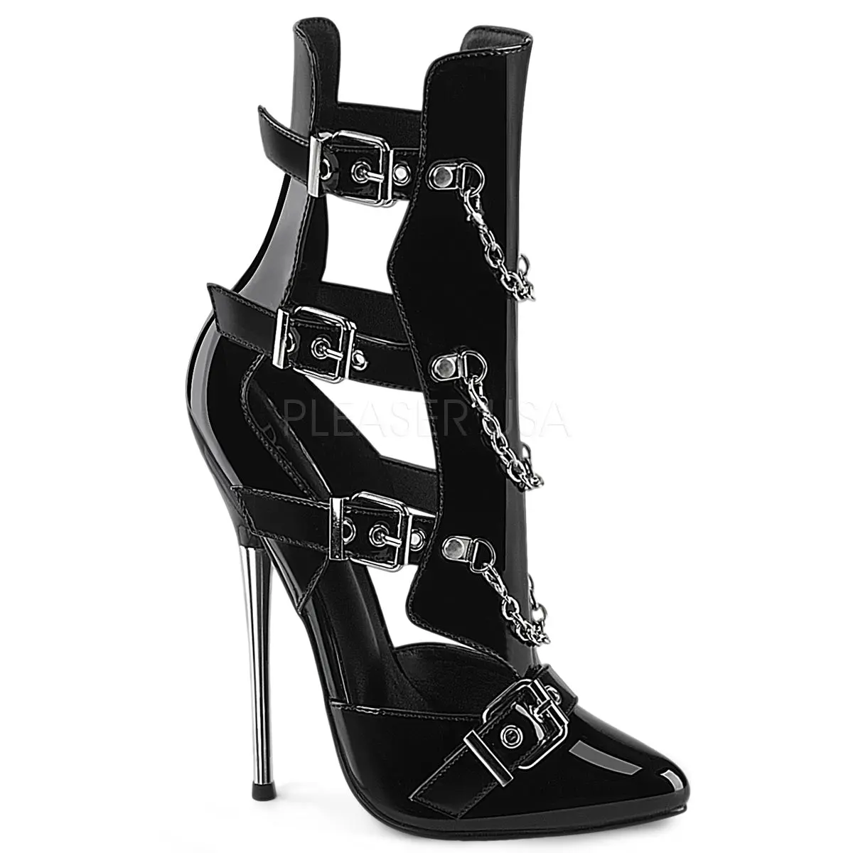 Women's Patent Leather Cage Ankle Boots with a 6.25" Solid Brass Stiletto Heel, Buckles, and Hanging Chain Accents, Ankle Boot, Black Patent, Footwear, Shoe, Elegant, 6 1/4" (159Mm), 6.25 Inches, Hanging Chains, High-Energy Club