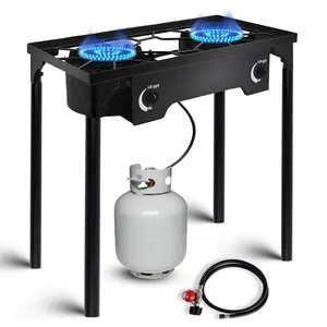 2 Burner Propane Gas Stove for Outdoor Cooking, 150,000 BTU Camping Cooker with Removable Legs, Temperature Control Knobs for Backyard Cooking, BBQ, Baking and Frying