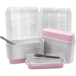 100 Pack 6.8oz  Cake Pans with  Rectangle Mini Loaf Pans Baking Cups Disposable Cupcake Baking Tins with 100 count Plastic Spoons,