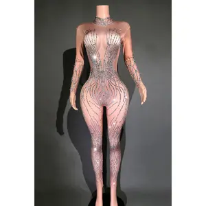 Silver Metallic Sparkling Rhinestone Transparent Skin Color Striped Long Sleeve Women's Skin Tight Formal Stage Performance Jumpsuit