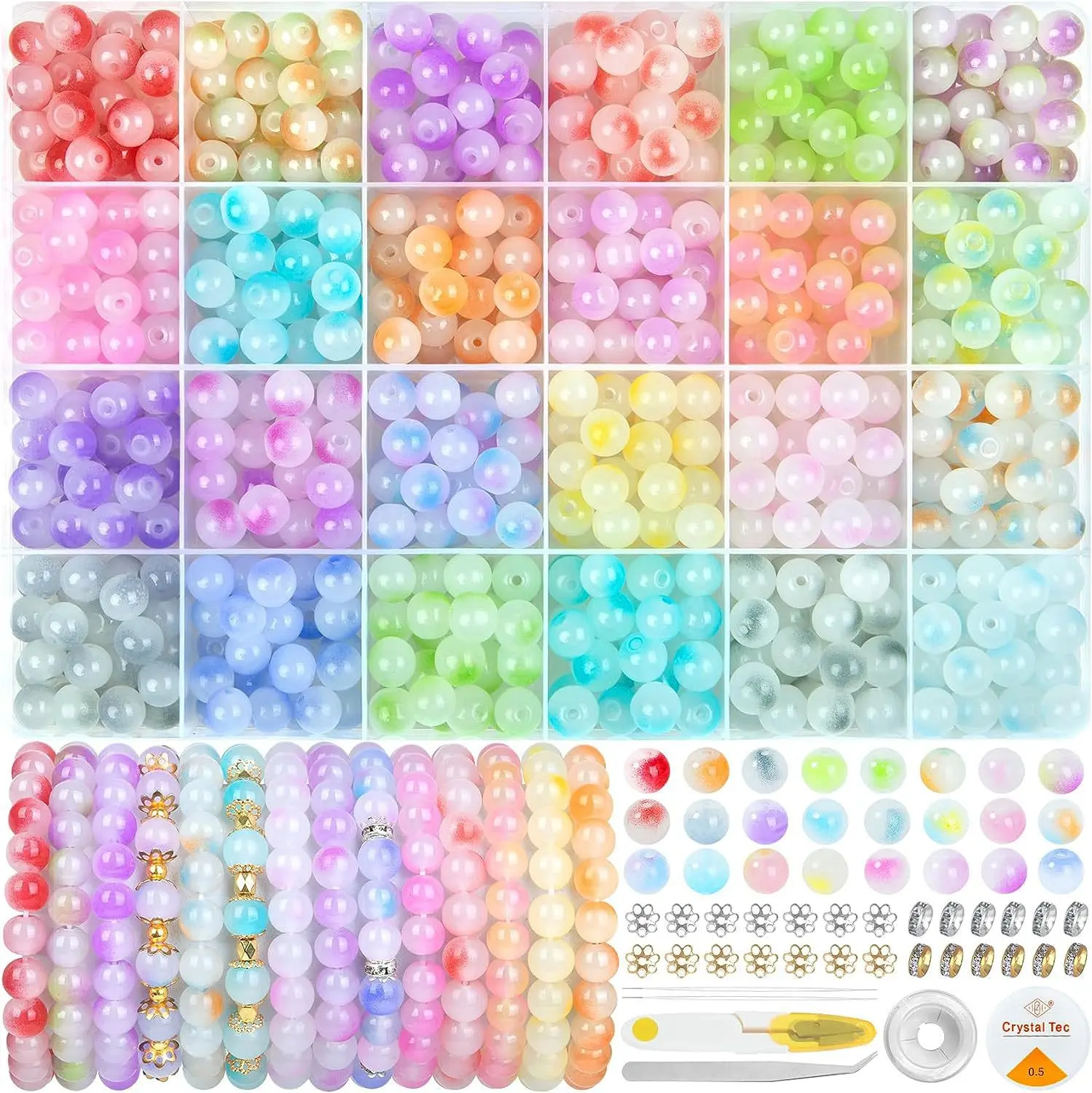 Beginner DIY Braided Bead Chain Set，700Pcs 8mm Gradient Jelly Glass Beads & Locking Beads 24-Colors With Beading Tools,Make Bracelets Necklaces Earrings Craft Gift Set