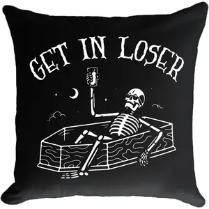 Black Halloween Skull Pillow Covers (18 x 18 Inch) - Funny Get in Loser Skeletons Drink Coffee Goth Spooky Scary Skull Decor, Autumn Square Cushion Case for Home Sofa Couch