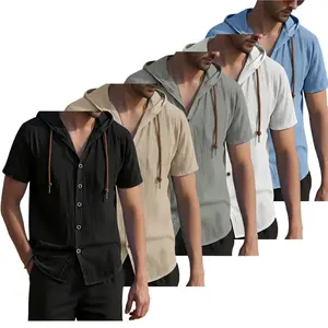 #SummerVibes 5pc Men's Casual Hooded Shirt Short Comes in 6 different colors S-XXXL Sleeve Button Down Cotton Linen Shirts Summer Beach Vacation Tops Breathable Drawstring Solid Color Streetwear Men Clothing