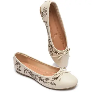 Womens Flats Shoes with Pomegranate Embroidery,White Flats with Bow,Comfortable Round-Toe Flats Shoes,Black Dress Shoes for Women(Soft Memory Foam Insole)