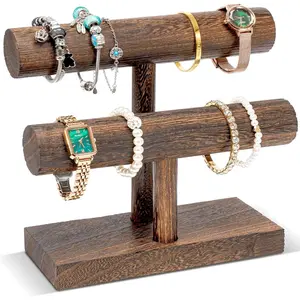 Bracelet Holder Display Bracelet Organizer, Wooden Bracelet Stand for Selling, T-bar Bangle Stor Rack Wood Watch Display Tower for Business - 2 Tier, Brown