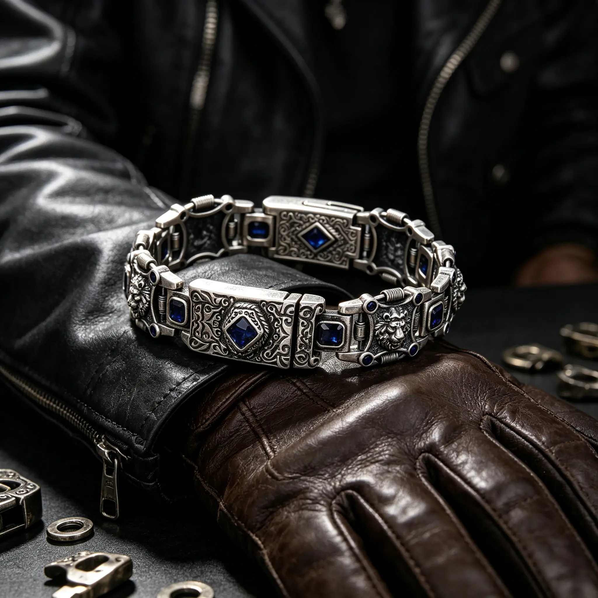 Men's S925 Silver Textured Lion Head Bracelet - Blue Crystal Inlay, Vintage Punk Link Chain, Streetwear Statement Costume Jewelry Gift