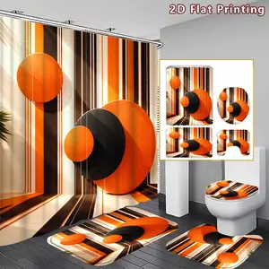[Geometric Shower Curtain] 1/4pcs 2D Flat Geometric Circles and Stripes Shower Curtain Set, Orange Black and White Geometric Bathroom Decor, Accessories with Bath Mat, U-shaped Mat, Toilet Lid Cover, Shower Curtain Includes Hooks, Modern Geometric Design