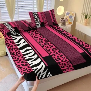 Y2K Sweet Cool Fitted Sheet Set & 2 Pillowcases, Hot Pink Black Color Block Zebra and Leopard Print Mattress Protector, Soft Anti-Slip Wrinkle-Resistant, American Hot Girl Style Bedroom Decor, Gift Choice
