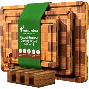 Cutting Board Set of 3 with Stand, Checkered End Grain Cutting Boards for Kitchen with Deep Juice Grooves for Meat, Cheese, Charcuterie and Kitchen Prep