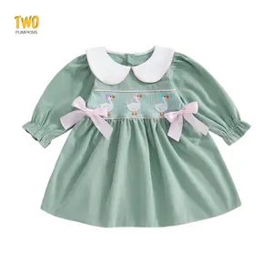 Toddler Baby Girl Fall Dress Loose Fit A Line Goose Embroidered Bows Doll Collar Bubble Long Sleeve Dress