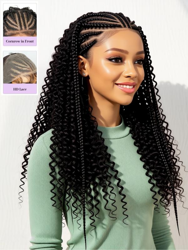 13x6 HD Lace Frontal Half-Braided Curly Wigs, Synthetic Braids Half-Cornrows Half-Curly Wig with Baby Hair, Pre-Styled Braid Wigs, 18 Inch 13x6 HD Lace Frontal Half-Braided Curly Wigs, Synthetic Braids Half-Cornrows Half-Curly Wig with Baby Hair, Pre-Styled Braid Wigs, 18 Inch