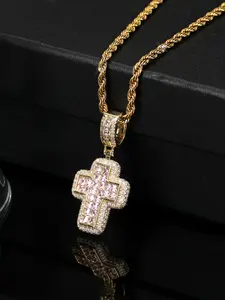 Iced Out Baguette CZ Cross Pendant Necklace | Gold & Silver Options | Luxury Hip Hop Twisted Rope Chain | Unisex Couple Clavicle Necklace