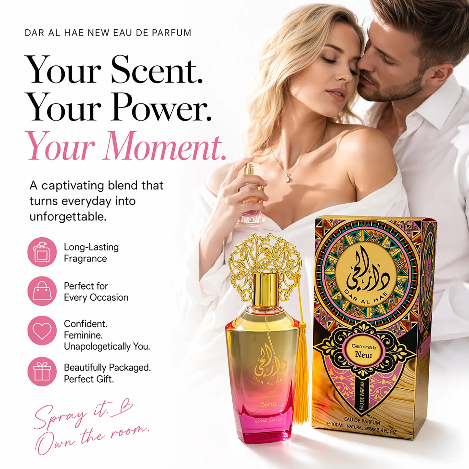 Women's Strong Pheromone Perfume, with long-lasting floral fruity woody notes. Infused with attraction pheromones to make him obsessed, drive him wild all night, and share an intense passionate evening. Perfect for Labor Day & Thanksgiving. 100ml/3.4fl.oz