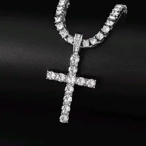 Stainless Steel Iced Out Tennis Chain Necklace with Cubic Zirconia Cross Pendant Jewelry