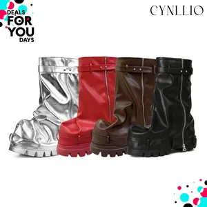 CYNLLIO Womens Fold Over Slouchy Mid Calf Shark Boots Rounded Toe Pleated Chunky Heel Fashionable Side Zipper Comfy Pull On Versatile Platform Boots