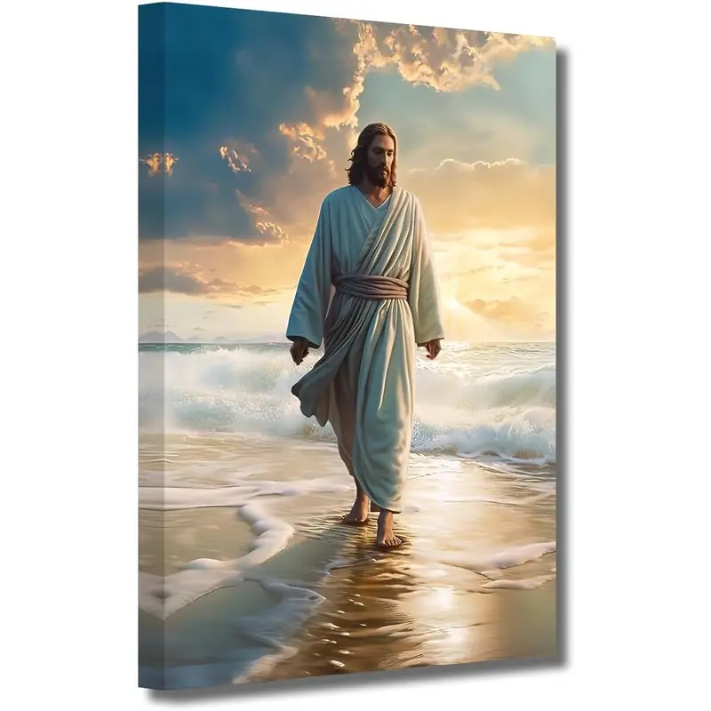 Jesus Picture on Canvas Jesus Walking on the Beach Canvas Picture God Poster Catholic Work of Art for Spiritual Space Wall Decoration Framed (3, 30 x 45 cm)