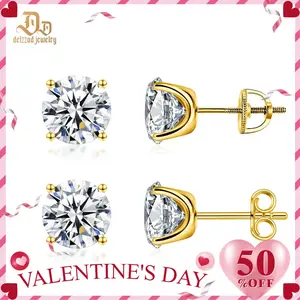 Delzzad 14k Gold-Plated Solitaire Four Prong Earrings Screw Back/Butterfly Back Lab-Created Moissanite Stud Earring S925 Sterling Silver Moissanite Jewelry Perfect Birthday Mother’s Day Christmas Gift for Women Studearrings